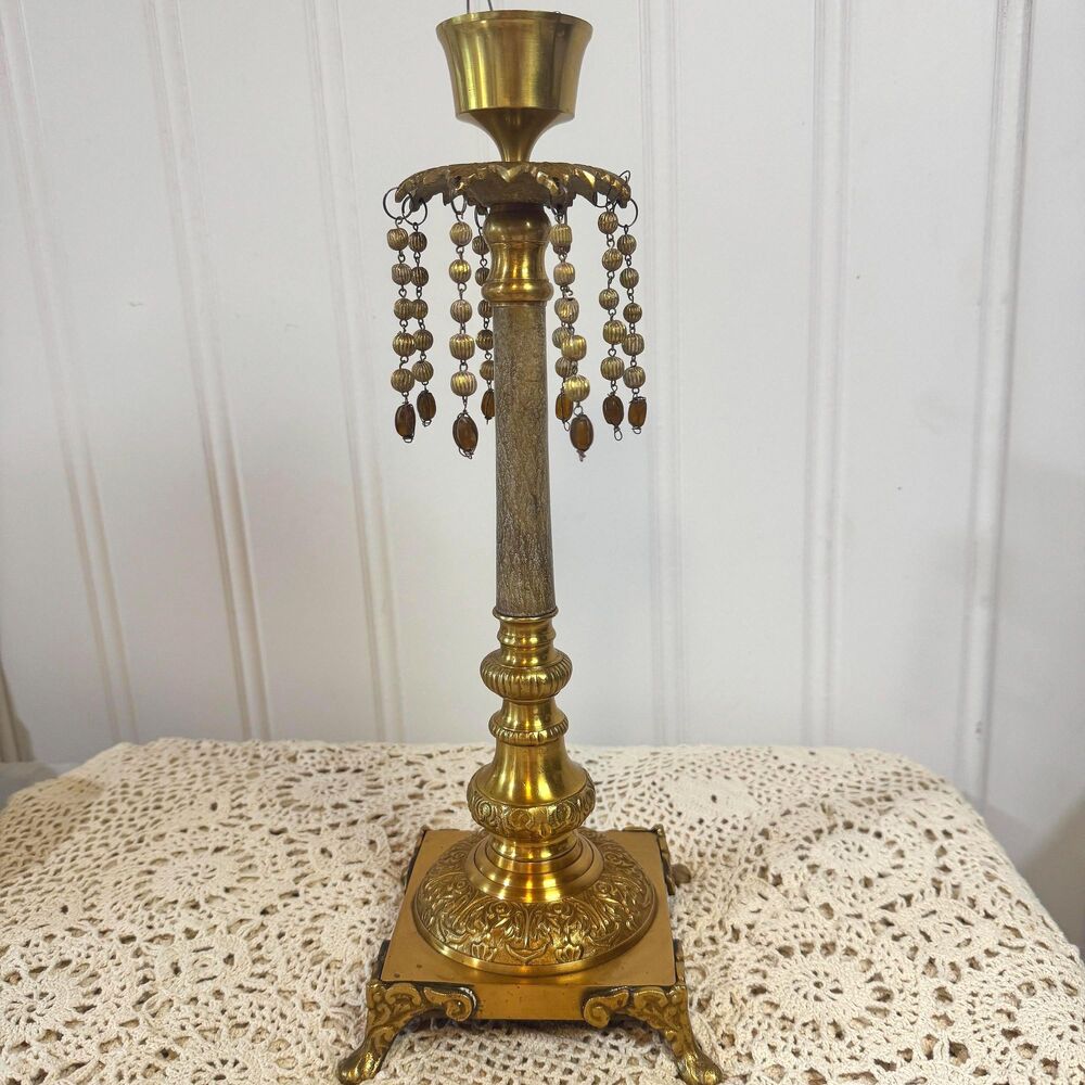Brass Candlestick Holder, Beaded Deco, Ornate Footed Base, Boho Chandelier Style